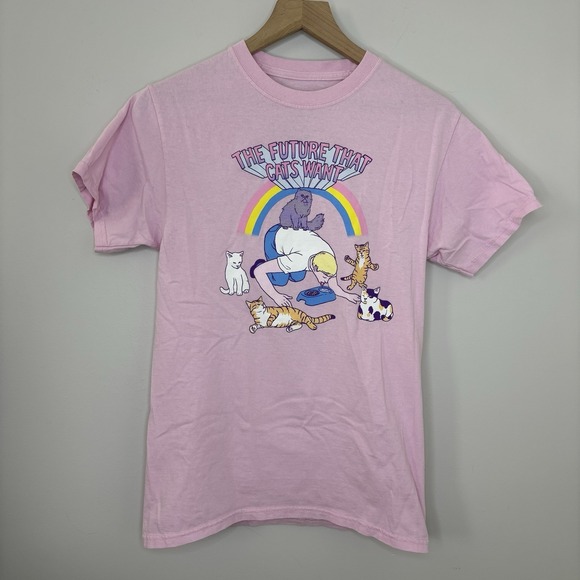 Hillary White Rabbit Tops - Hillary White Rabbit The Future That Cats Want Meme Pink T-Shirt Unisex Small